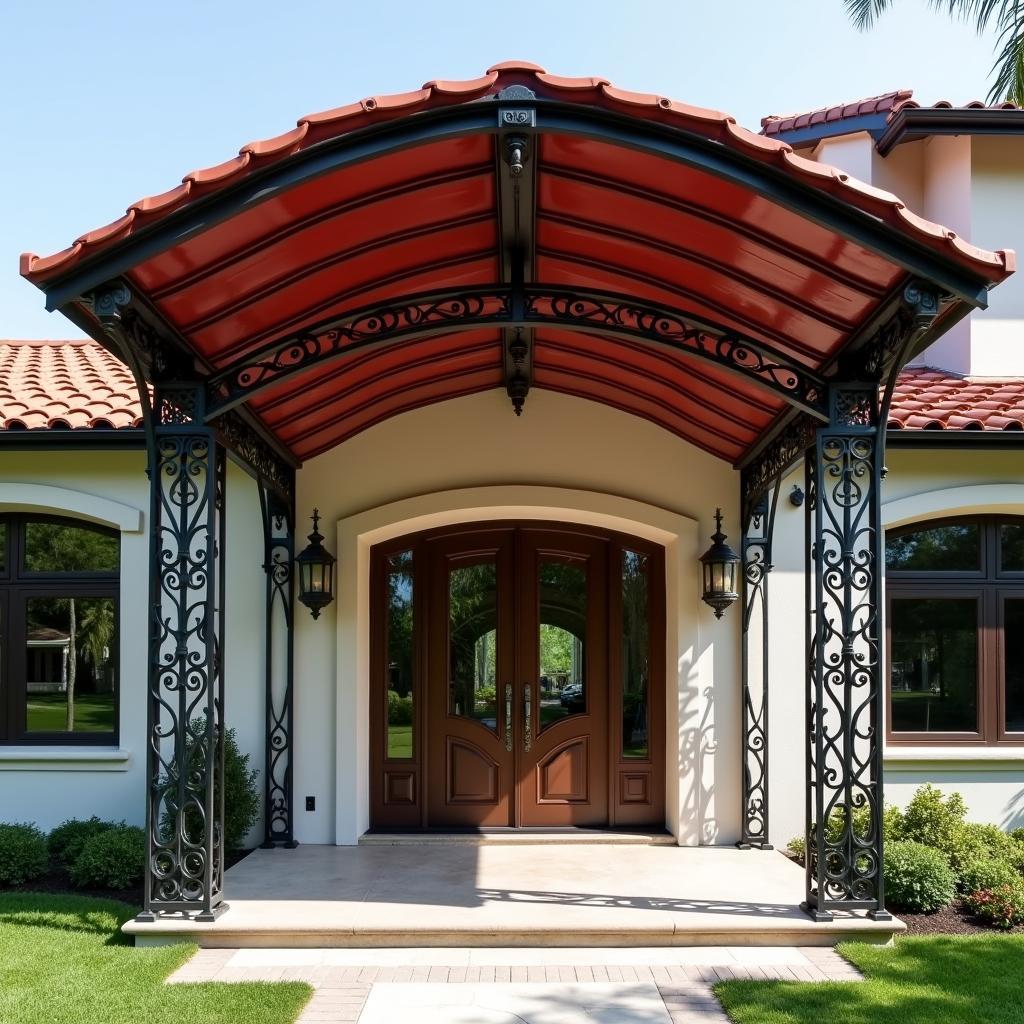 Mẫu mái hiên đẹp bằng tôn giả ngói màu đỏ gạch cho biệt thự phong cách cổ điển, kết hợp khung sắt nghệ thuật.